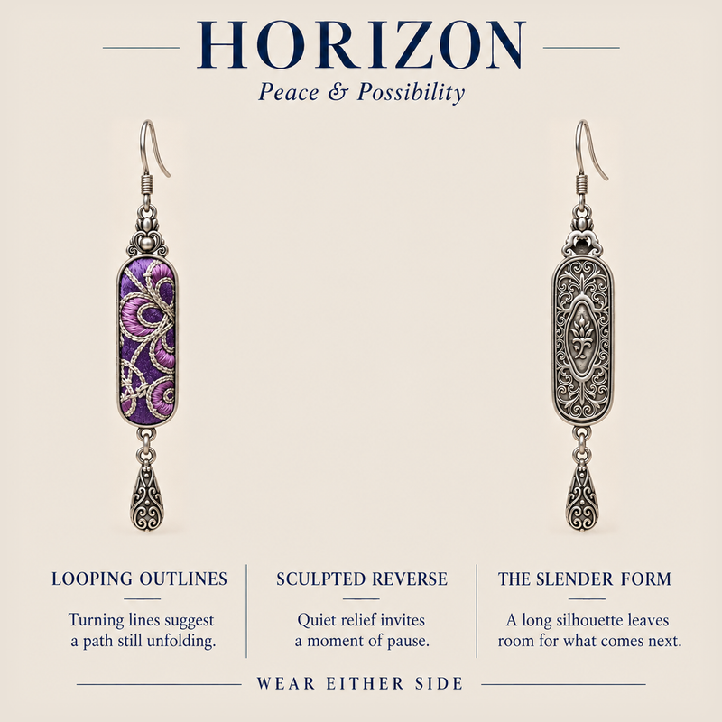 HORIZON design card showing the embroidered front and sculpted reverse of Violet Luminance, with wear-either-side text.