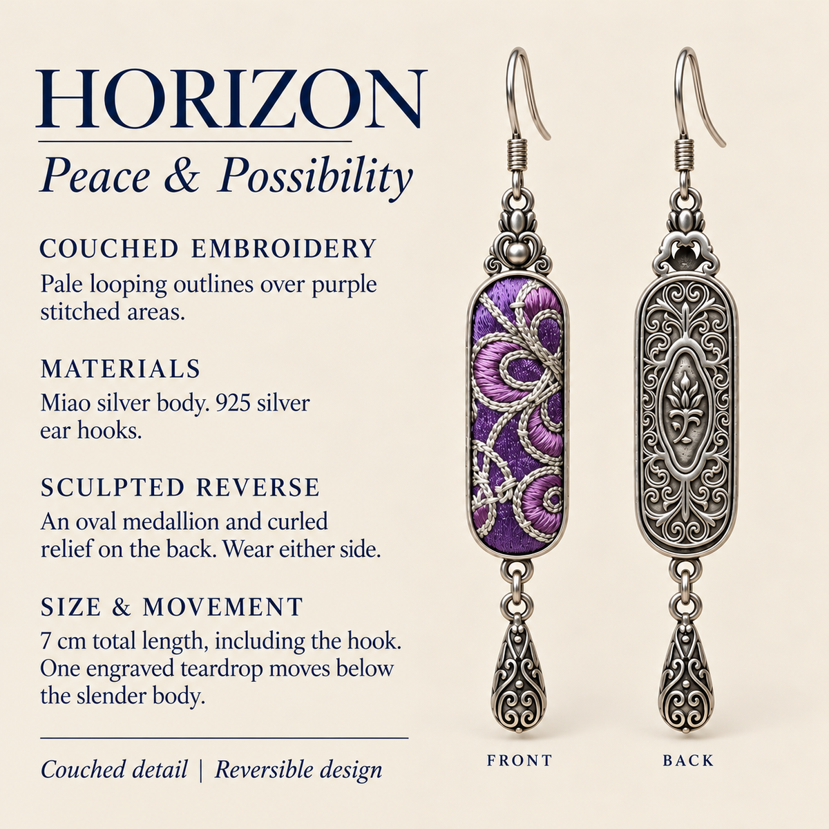 HORIZON detail card: couched embroidery, sculpted reverse, Miao silver body, 925 silver hooks and 7 cm length including hook.