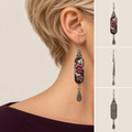 Model wearing a Petal Nocturne long drop earring, alongside front, side and back product views.