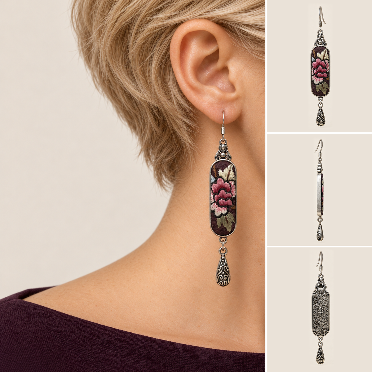 Model wearing a Petal Nocturne long drop earring, alongside front, side and back product views.