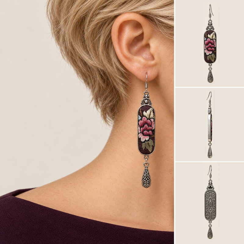 Model wearing a Petal Nocturne long drop earring, alongside front, side and back product views.