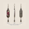Petal Nocturne earring front, side and back views: 7 cm long including hook, 1 cm wide and 0.5 cm thick.