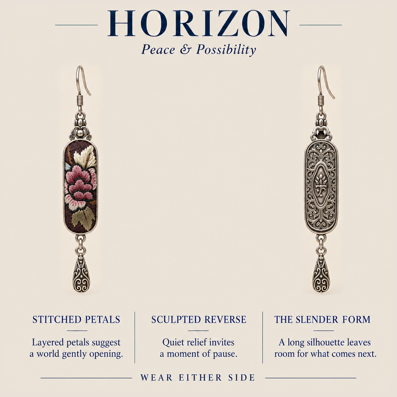 HORIZON design card showing the embroidered front and sculpted reverse of Petal Nocturne, with wear-either-side text.