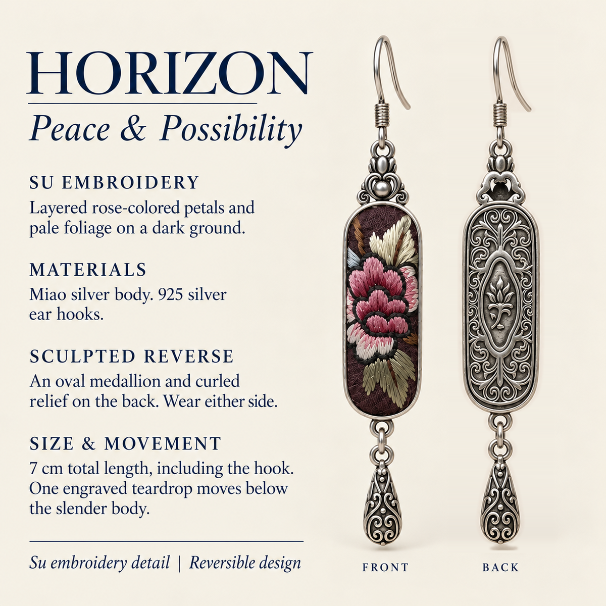 HORIZON detail card: Su embroidery, sculpted reverse, Miao silver body, 925 silver hooks and 7 cm length including hook.
