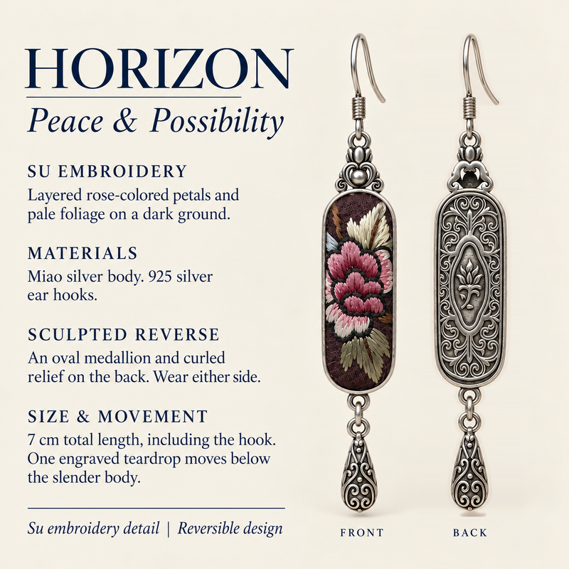HORIZON detail card: Su embroidery, sculpted reverse, Miao silver body, 925 silver hooks and 7 cm length including hook.