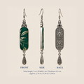Emerald Reverie earring front, side and back views: 7 cm long including hook, 1 cm wide and 0.5 cm thick.