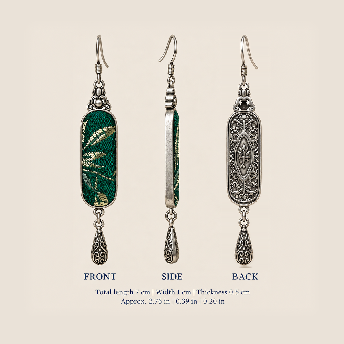 Emerald Reverie earring front, side and back views: 7 cm long including hook, 1 cm wide and 0.5 cm thick.