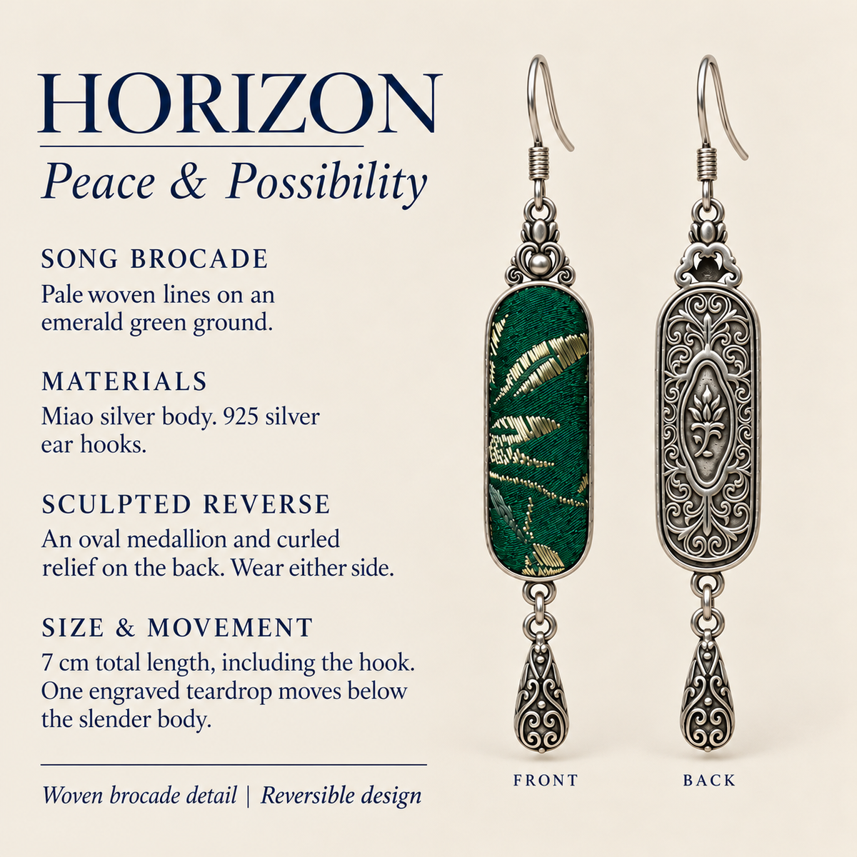 HORIZON detail card: Song Brocade, sculpted reverse, Miao silver body, 925 silver hooks and 7 cm length including hook.