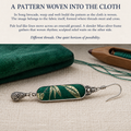 Song Brocade story card with an Emerald Reverie earring beside green cloth, loose thread and a wooden weaving shuttle.