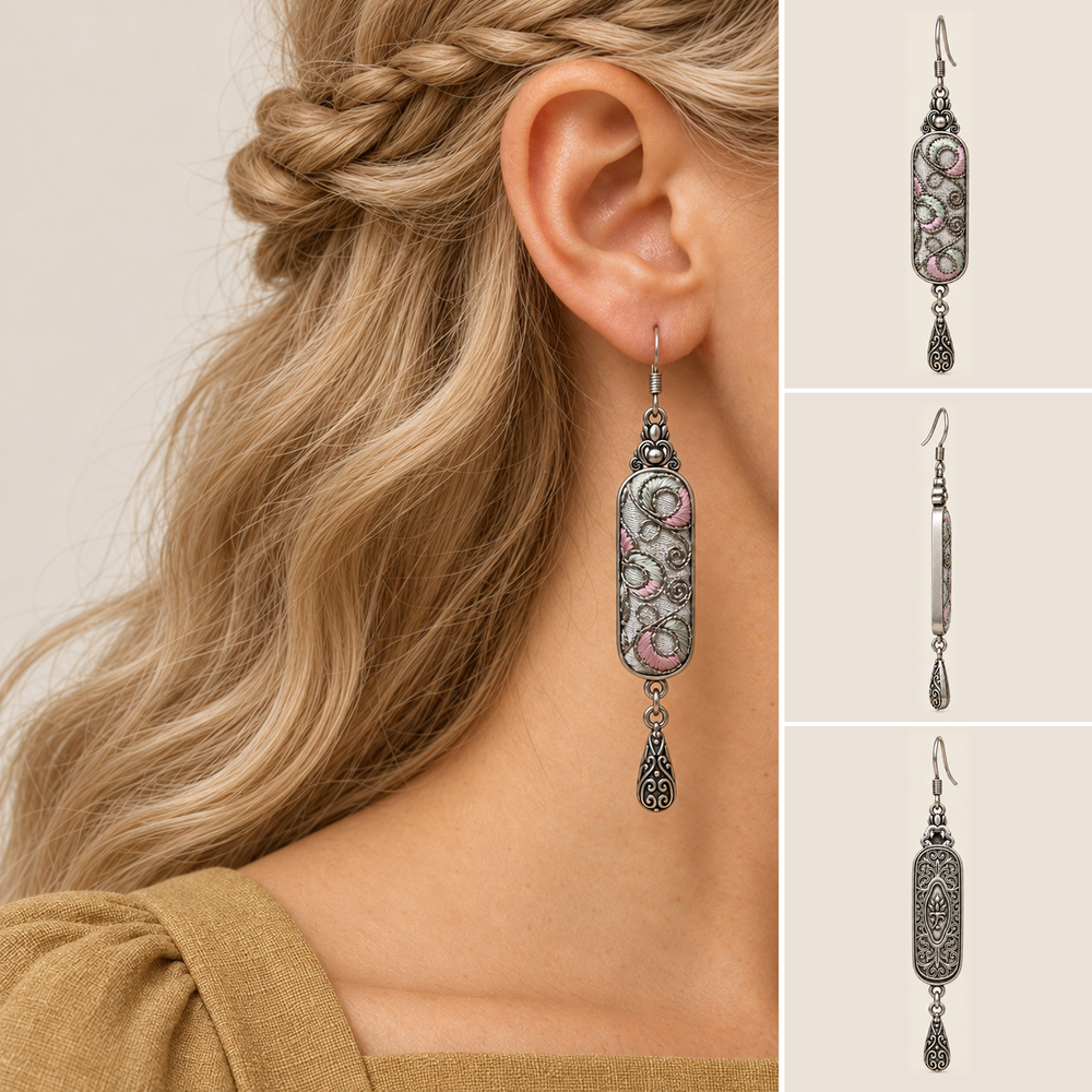 Model wearing a Pastel Arabesque long drop earring, alongside front, side and back product views.