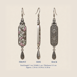 Pastel Arabesque earring front, side and back views: 7 cm long including hook, 1 cm wide and 0.5 cm thick.