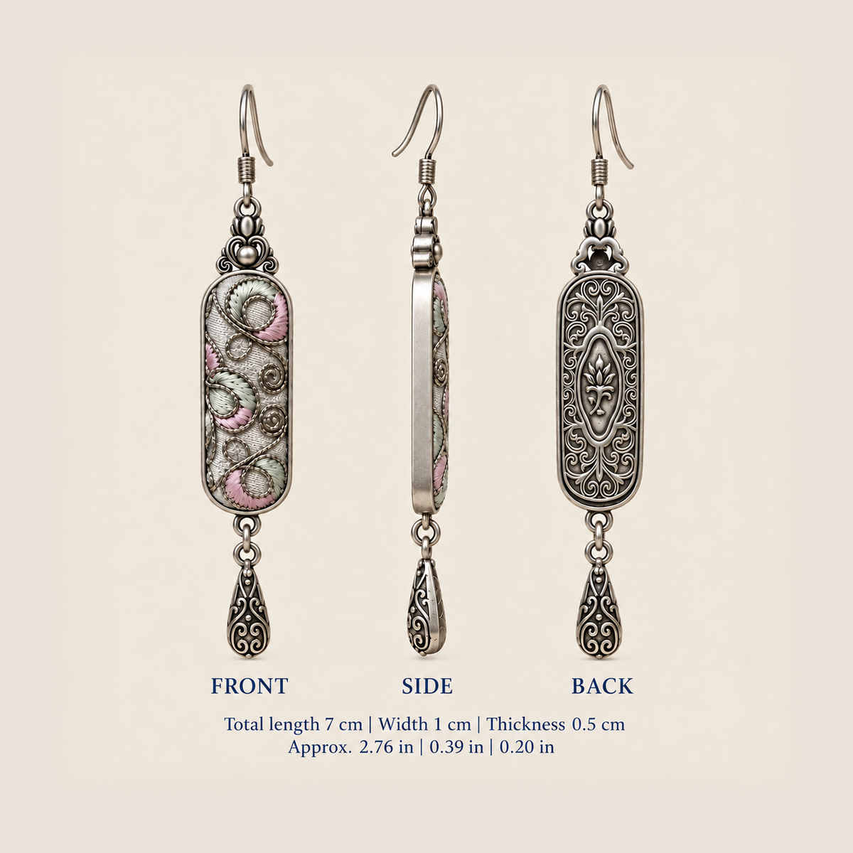 Pastel Arabesque earring front, side and back views: 7 cm long including hook, 1 cm wide and 0.5 cm thick.