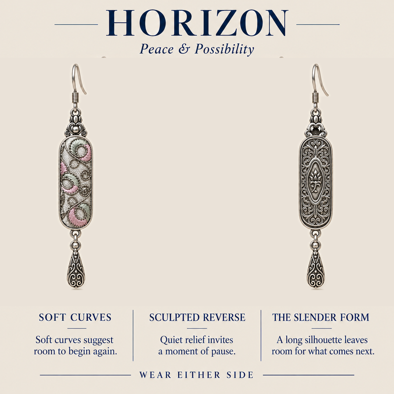 HORIZON design card showing the pastel embroidered front and sculpted reverse of Pastel Arabesque, with wear-either-side text.