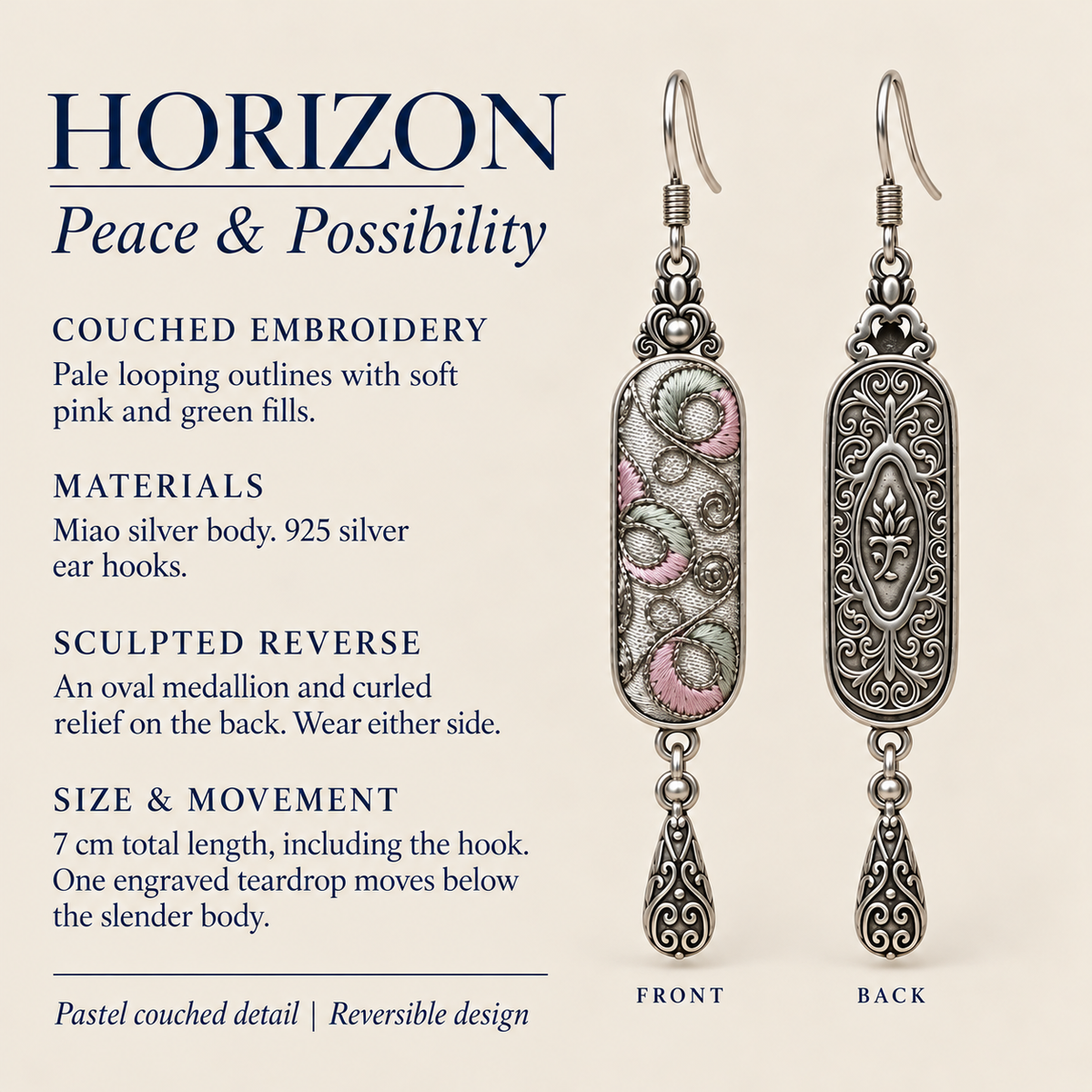HORIZON detail card: couched embroidery, sculpted reverse, Miao silver body, 925 silver hooks and 7 cm length including hook.