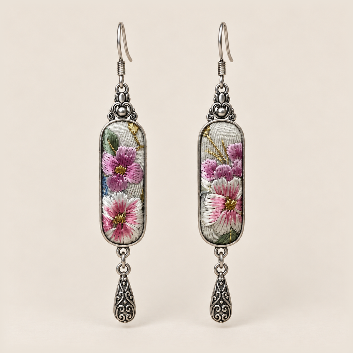 Blossom Serenade Suzhou Embroidery earrings with pink and white flowers on pale panels and one engraved teardrop each.