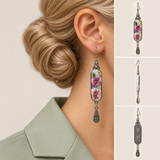 Blossom Serenade earring worn with the floral front facing outward, beside separate front, side and reverse views.