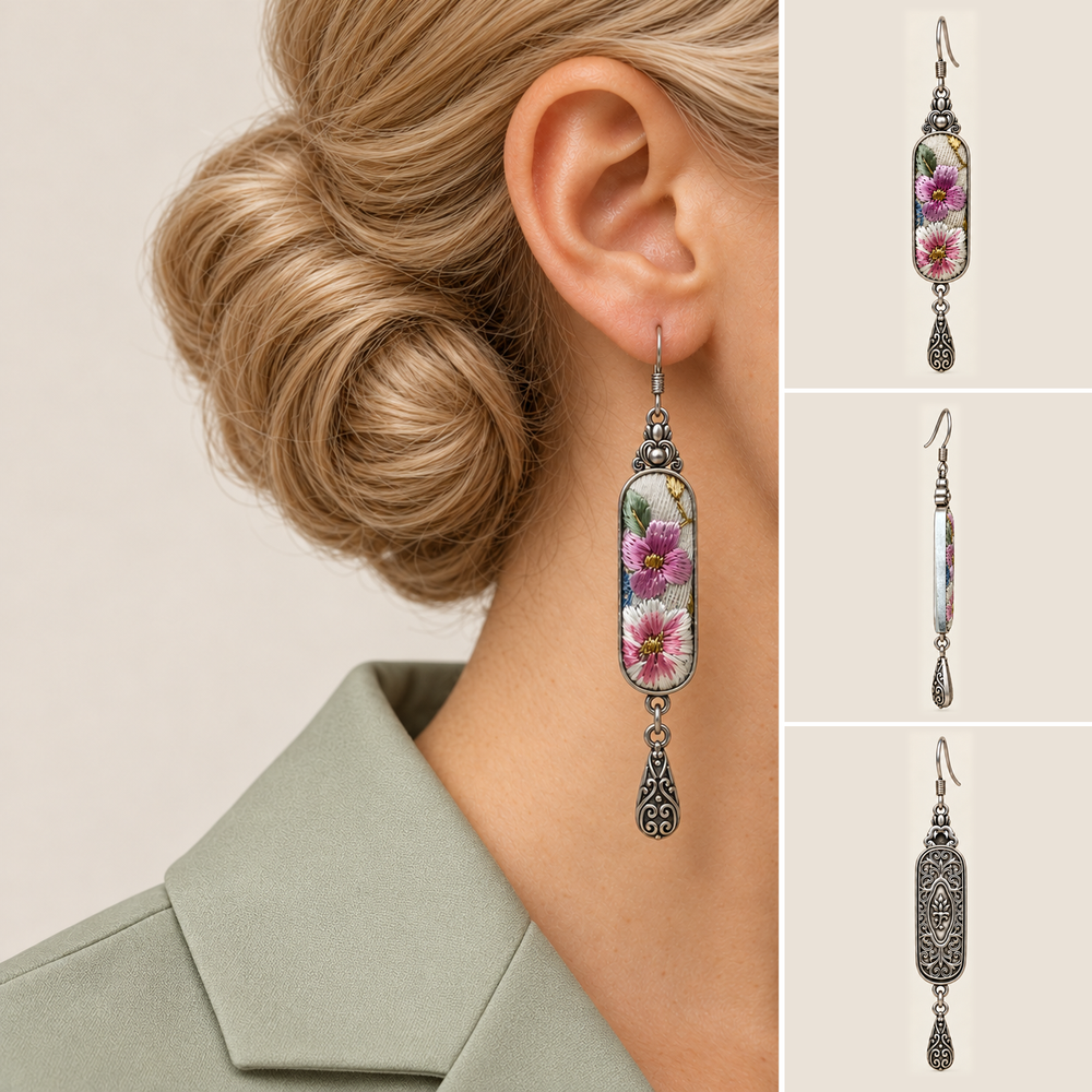 Blossom Serenade earring worn with the floral front facing outward, beside separate front, side and reverse views.