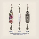 Front, side and reverse views of Blossom Serenade earrings; total length including hook 7 cm, width 1 cm, thickness 0.5 cm.
