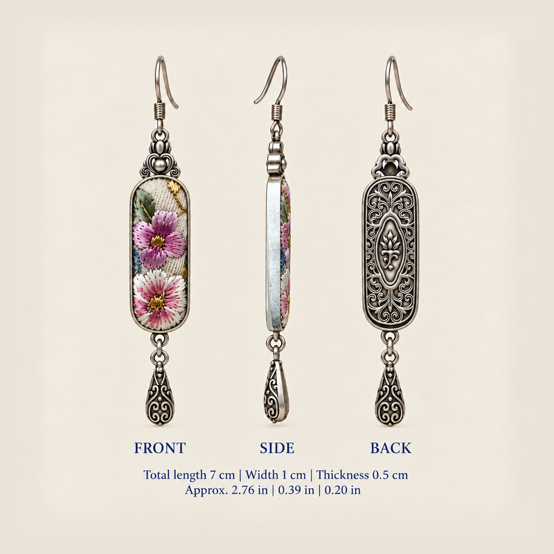 Front, side and reverse views of Blossom Serenade earrings; total length including hook 7 cm, width 1 cm, thickness 0.5 cm.