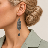 Blossom Serenade earring worn with the sculpted scrollwork reverse, central oval motif and engraved teardrop facing outward.