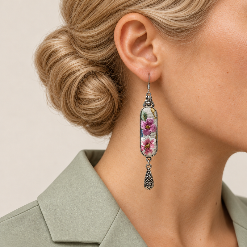 Close-up of a Blossom Serenade earring worn with pink and white embroidered flowers and green leaves facing outward.