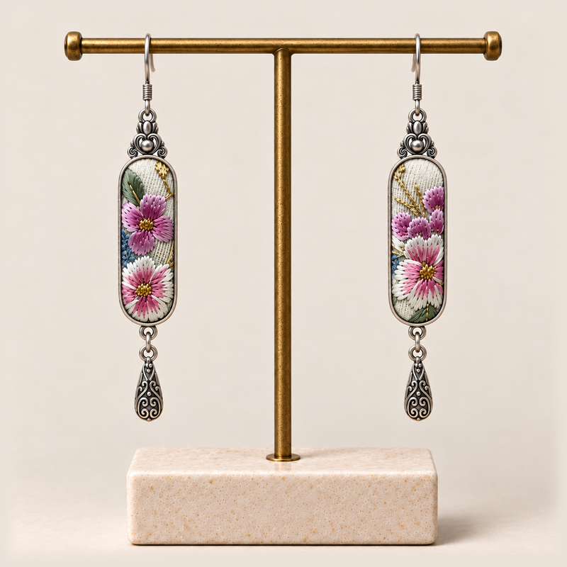 Blossom Serenade floral earrings hanging from a gold-toned display stand with a pale rectangular base.