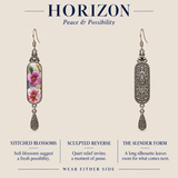 HORIZON design card showing the Blossom Serenade floral front and sculpted reverse with the message Wear Either Side.