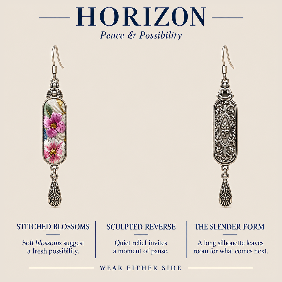 HORIZON design card showing the Blossom Serenade floral front and sculpted reverse with the message Wear Either Side.