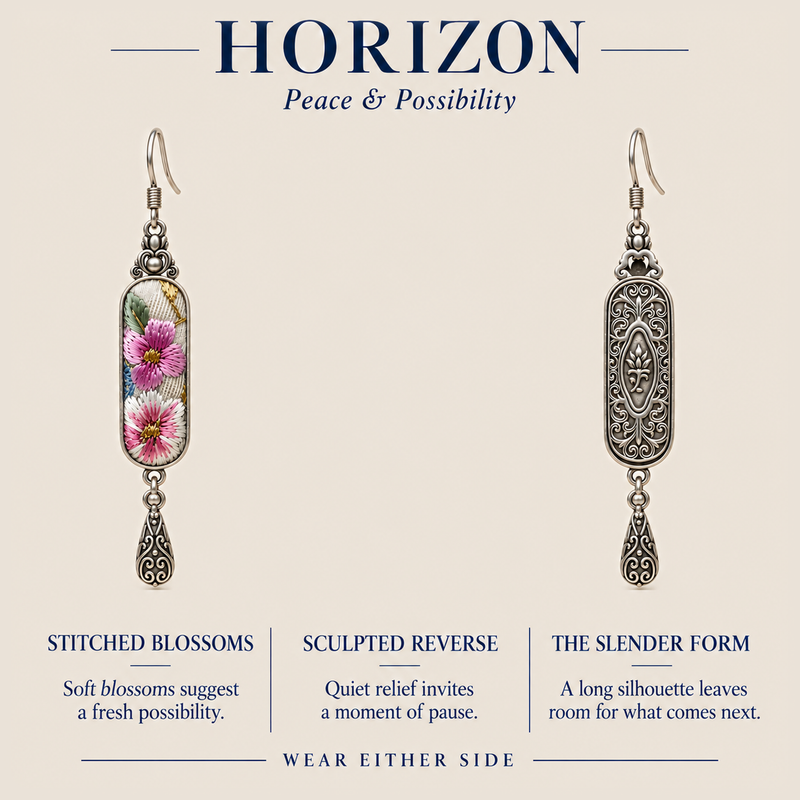 HORIZON design card showing the Blossom Serenade floral front and sculpted reverse with the message Wear Either Side.