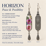 Blossom Serenade detail card with Suzhou Embroidery, Miao silver body, 925 silver hooks, reversible design and 7 cm total length.