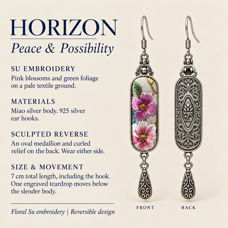 Blossom Serenade detail card with Suzhou Embroidery, Miao silver body, 925 silver hooks, reversible design and 7 cm total length.
