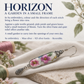 HORIZON story card with a Blossom Serenade floral earring on pale fabric beside pink and green thread spools and floral props.