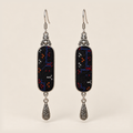 Ember Constellation Counted-Thread Embroidery earrings with navy, red, orange and white stitches on black panels and engraved drops.