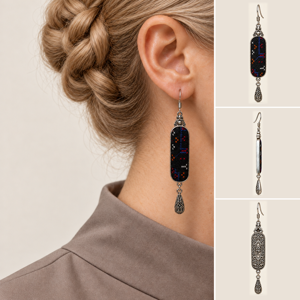 Ember Constellation earring worn with the embroidered front facing outward, beside separate front, side and reverse views.
