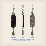 Front, side and reverse views of Ember Constellation earrings; total length including hook 7 cm, width 1 cm, thickness 0.5 cm.