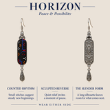 HORIZON design card showing the Ember Constellation embroidered front and sculpted reverse with the message Wear Either Side.