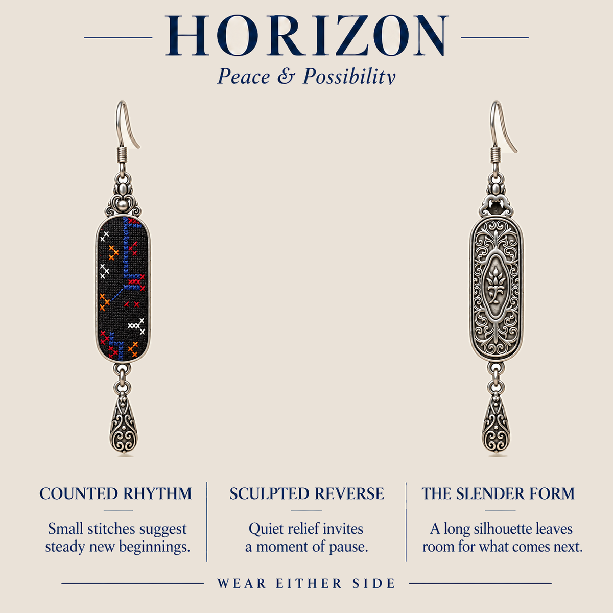 HORIZON design card showing the Ember Constellation embroidered front and sculpted reverse with the message Wear Either Side.