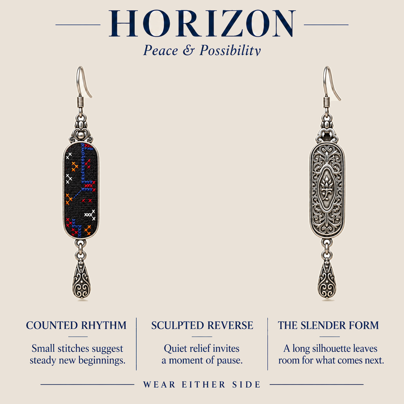 HORIZON design card showing the Ember Constellation embroidered front and sculpted reverse with the message Wear Either Side.