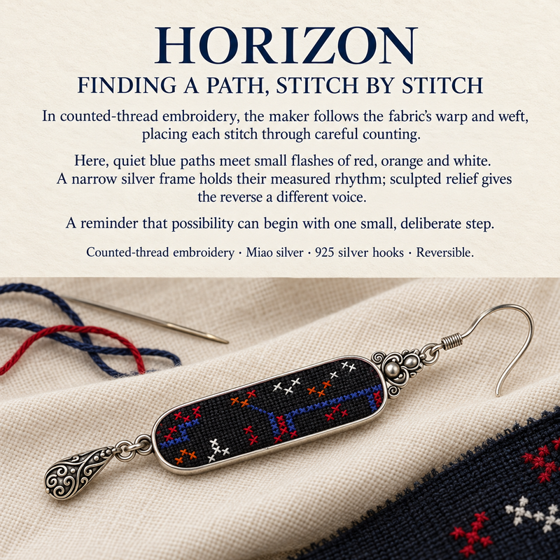 HORIZON story card with an Ember Constellation earring on pale fabric beside a needle, red and navy threads and a stitched textile.