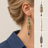 Autumn Sonata earring worn with the embroidered front facing outward, beside separate front, side and reverse views.