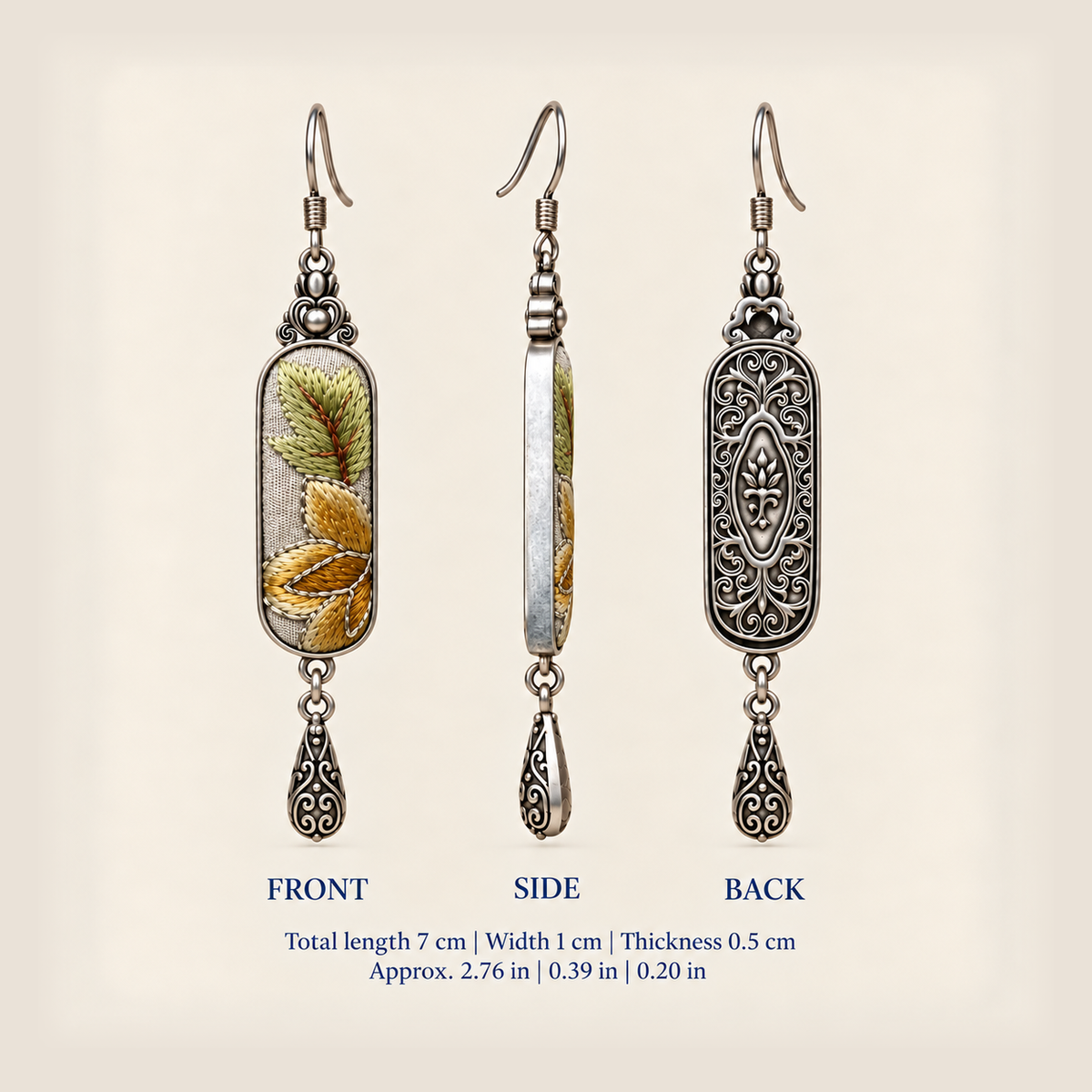 Front, side and reverse views of Autumn Sonata earrings; total length including hook 7 cm, width 1 cm, thickness 0.5 cm.