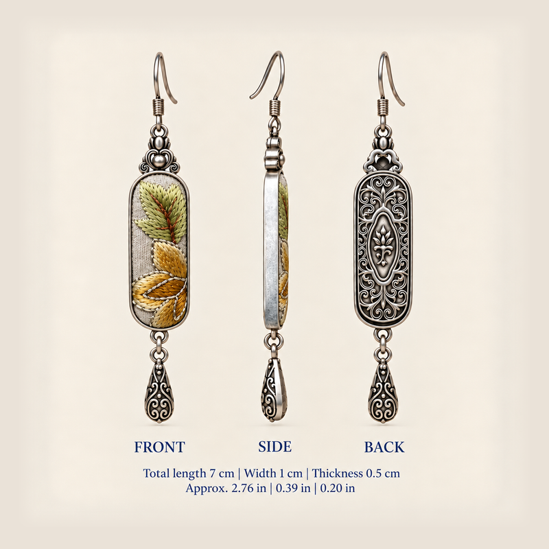Front, side and reverse views of Autumn Sonata earrings; total length including hook 7 cm, width 1 cm, thickness 0.5 cm.