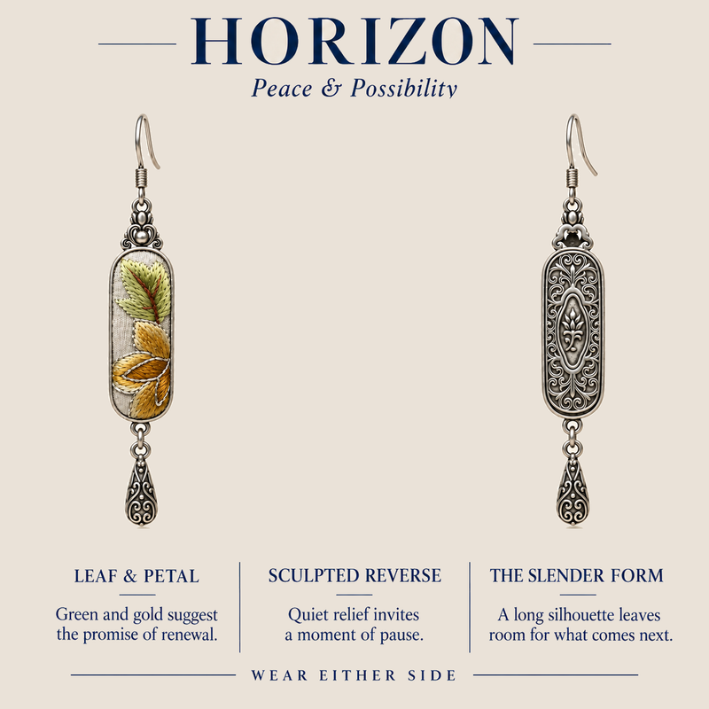 HORIZON design card showing the Autumn Sonata leaf-and-petal front and sculpted reverse with the message Wear Either Side.