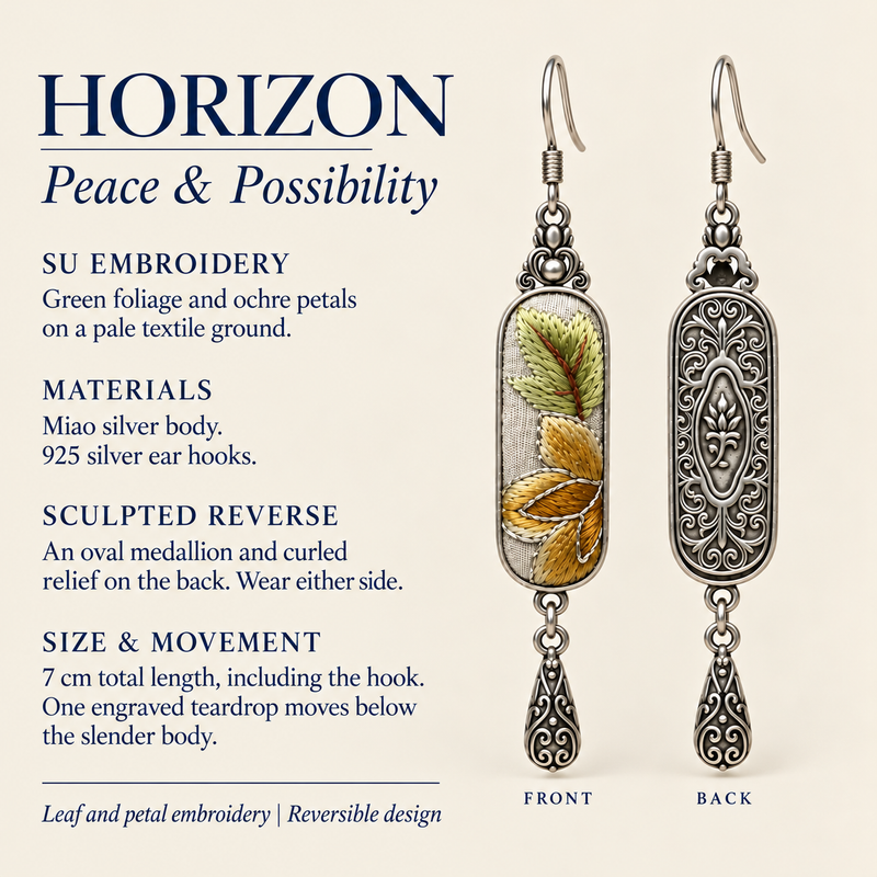 Autumn Sonata detail card with Suzhou Embroidery, Miao silver body, 925 silver hooks, reversible design and 7 cm total length.