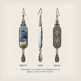 Front, side and reverse views of Blue Reverie earrings; total length including hook 7 cm, width 1 cm, thickness 0.5 cm.