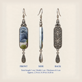 Front, side and reverse views of Blue Reverie earrings; total length including hook 7 cm, width 1 cm, thickness 0.5 cm.