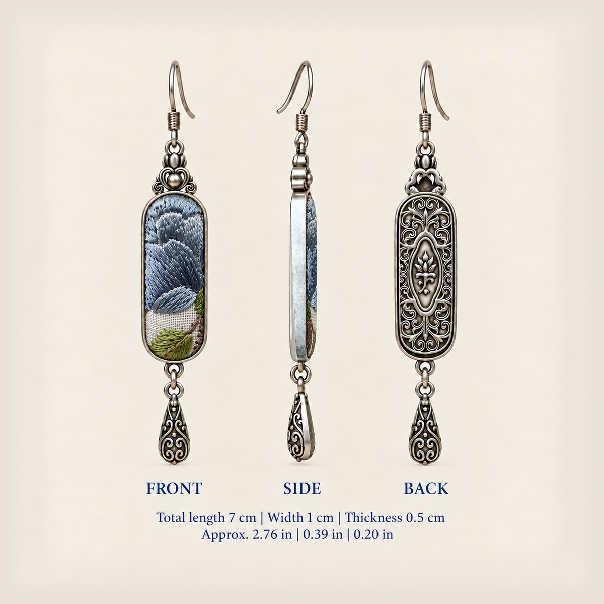 Front, side and reverse views of Blue Reverie earrings; total length including hook 7 cm, width 1 cm, thickness 0.5 cm.