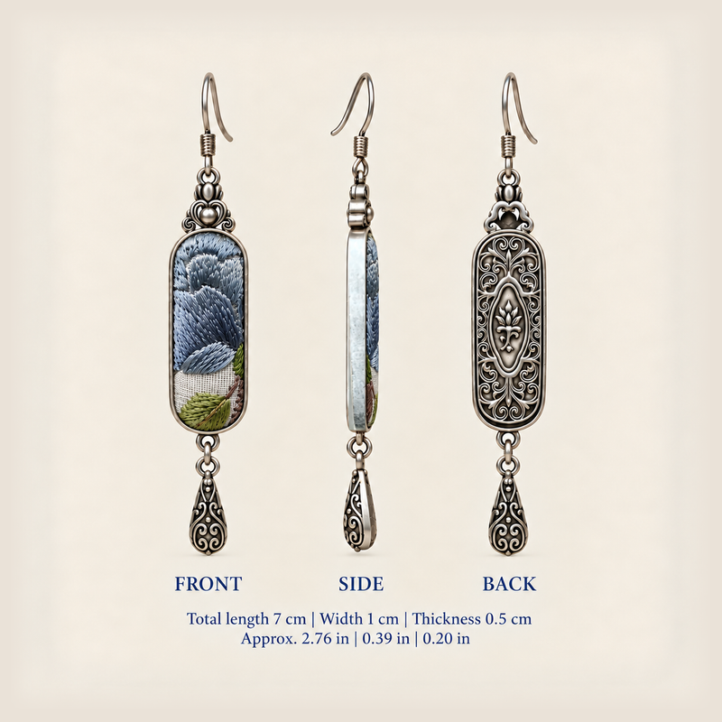 Front, side and reverse views of Blue Reverie earrings; total length including hook 7 cm, width 1 cm, thickness 0.5 cm.
