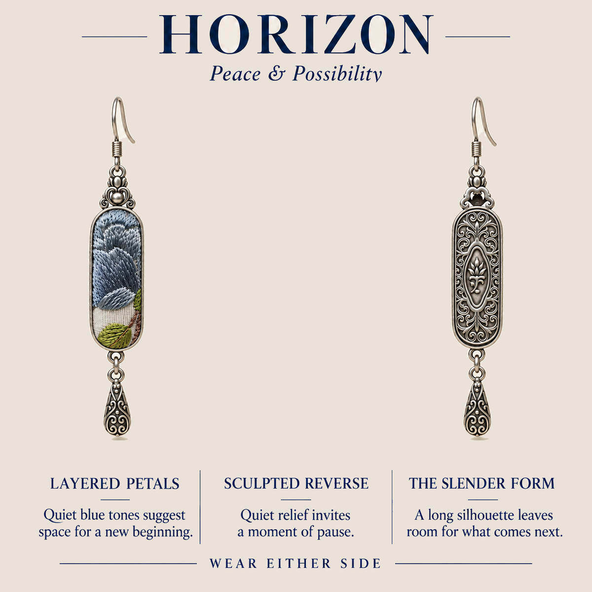 HORIZON design card showing the Blue Reverie layered-petal front and sculpted reverse with the message Wear Either Side.