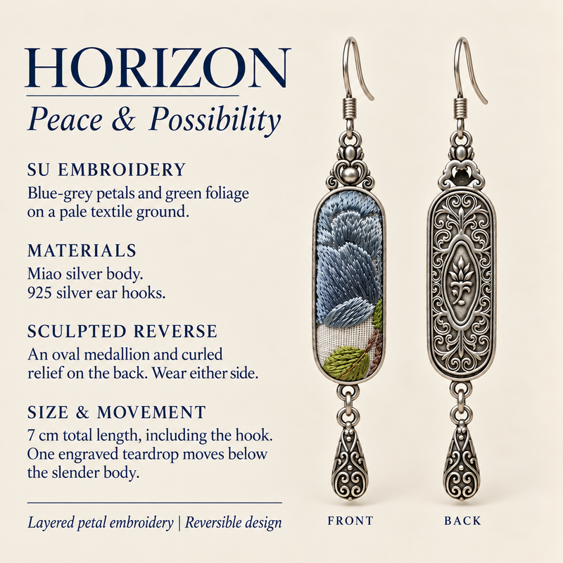 Blue Reverie detail card with Suzhou Embroidery, Miao silver body, 925 silver hooks, reversible design and 7 cm total length.